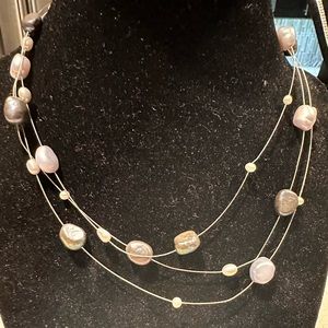 Vintage Multicolor freshwater pearls floating triple strand silver necklace